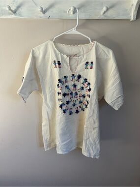 Embroidered Cream Folk Top with Colorful Doll Motif